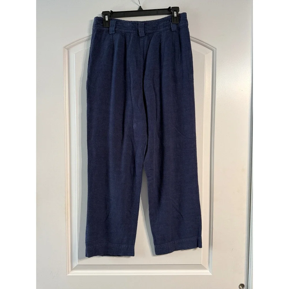 Free People Pleated Linen Blend Wide Leg Pants 6 Navy Blue Boho Chic Relaxed Fit